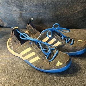 Adidas Black and Blue Athletic Shoes with Signature Stripes